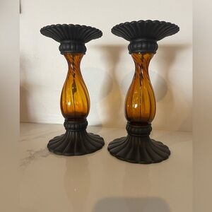PartyLite Amber Glass & Black Metal Candlestick Holders – Set of 2